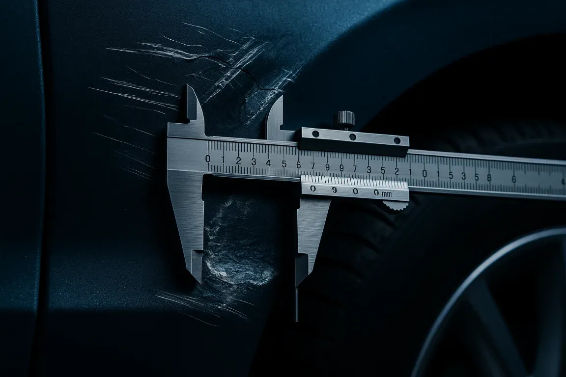 Professionelle Schadensmessung mit Messschieber vom Kfz Gutachter Remscheid und KFZ Sachverständiger Remscheid