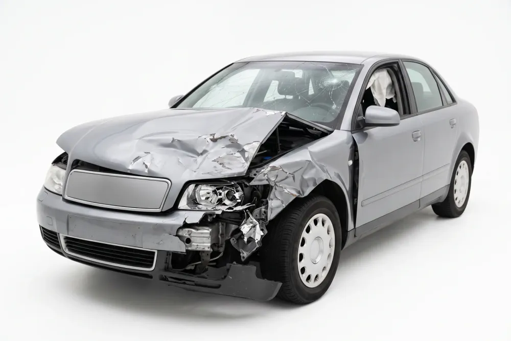Limousine mit schwerem Frontschaden nach einem Unfall, freigestellt vor weißem Hintergrund